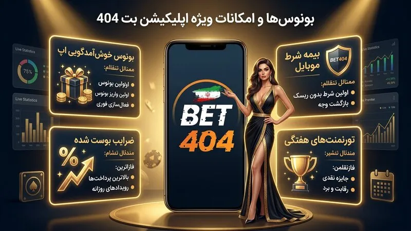 بررسی امکانات ویژه و بونوس ها در اپلیکیشن بت 404 🎁